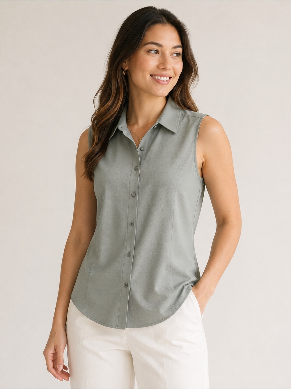 Sleeveless Button-Front Shirt - Sage Green